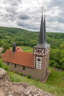 View from the Hanstein castle ruins to the Catholic St Mary's Church in Rimbach, Bornhagen, double