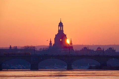 View of Church of Our Lady Dresden across the Elbe, sunset, winter, Saxony, Germany