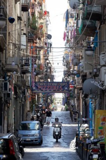 Narrow alleyway with residential buildings in Quartieri Spagnoli, Spanish Quarter, Naples,