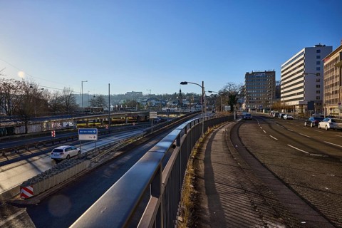 Street, general architecture, metal railings, lanterns, vehicles, trees, backlight, motorway A620,