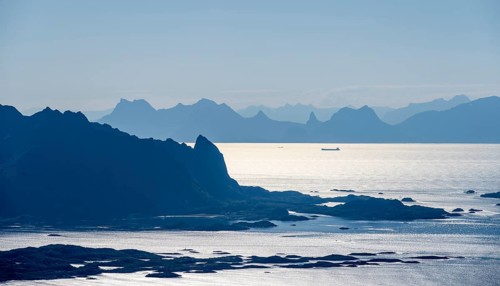 Mountain peak and fjord Austensfjorden, fjord landscape and sea, view from the summit of