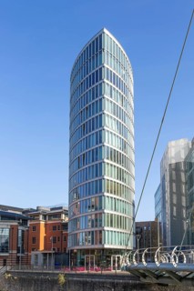 Modern architecture of The Eye apartment block building, Valentine Bridge, Temple Quarter