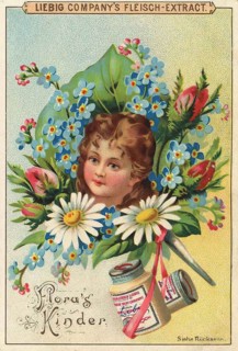 Picture series Flora's children, portrait of a child surrounded by blossoms and flowers, Liebig