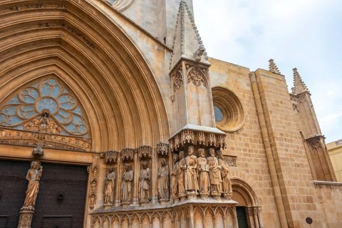 Stone sculptures decorating the main entrance of the tarragona cathedral in catalonia, spain,