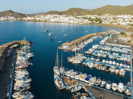 The marina of San José. Aerial view. Drone shot. Nature Reserve Cabo de Gata-Nijar, Almería