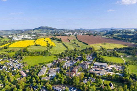 Aerial view with Pöhlberg and mountain town Annaberg-Buchholz, in the background the Bärenstein,