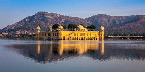 Panorama of Rajasthan landmark, Jal Mahal (Water Palace) on Man Sagar Lake on sunset. Jaipur,