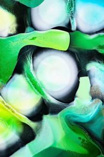 An intricate abstract pattern featuring vivid swirls of green, teal, and white. The liquids like