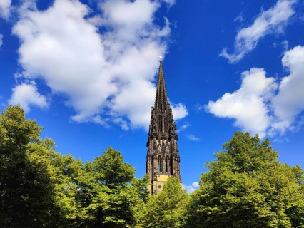 Church tower of the St. Nikolai memorial, ruins of the former main church of St. Nikolai, Hamburg,
