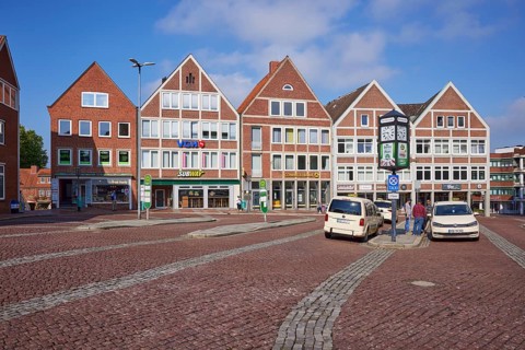 Branch of Subway, Commerzbank, bus platforms and taxi rank at Pferdemarkt in Stade, Hanseatic city,