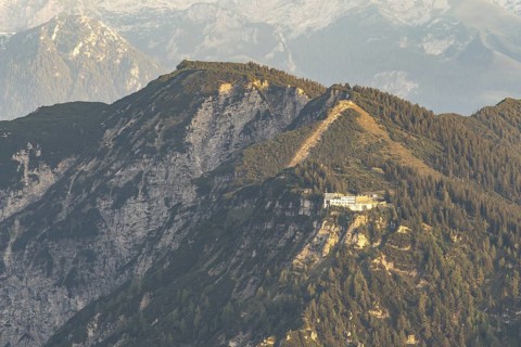 Sunset view from the summit of Zwiesel to the Predigtstuhl in the Lattengebirge and the hotel at