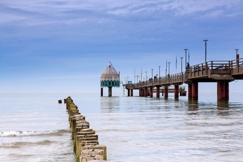 Submarining dive gondola and Zingst pleasure pier, Seebrücke, Fischland-Darß-Zingst peninsula along