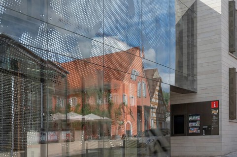 Reflection in the facade of the service centre, former old school, Iphofen, Lower Franconia,