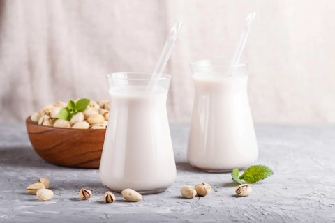 Organic non dairy pistachio milk in glass and wooden plate with pistachio nuts on a gray concrete