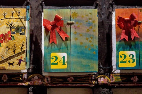 Large Advent Calendar at the Old Town Hall, Nostalgic Christmas Market, Detail, Hattingen, Ruhr