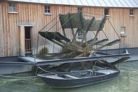 Mill wheel of the historic Rhine ship mill and rowing boat, ship mill, powered by hydropower, water