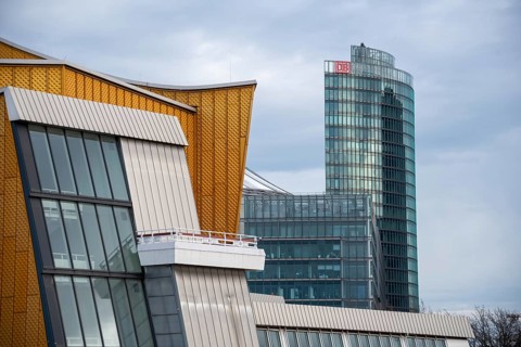 View of Potsdamer Platz with Deutsche Bank headquarters, in front a part of the Berlin Philharmonic
