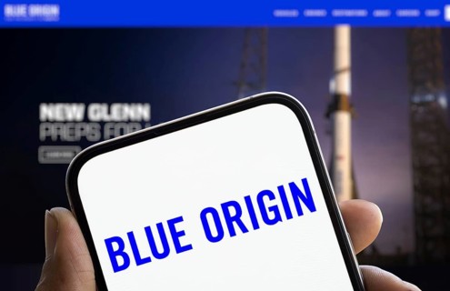 Blue origin logo is displayed on smartphone. Blue Origin Enterprises is an American space