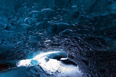 Aquamarine ice combs in Pröng Ice Cave, Sudurland, Iceland