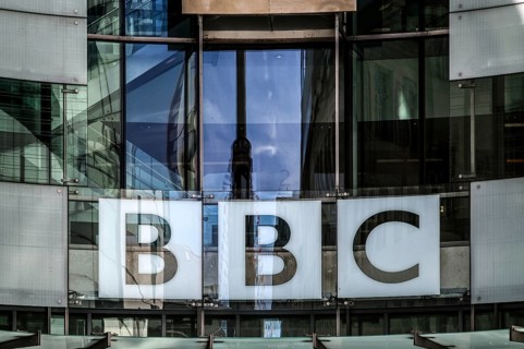 Logo above the main entrance, Broadcasting House, BBC, British Broadcasting Corporation, City of