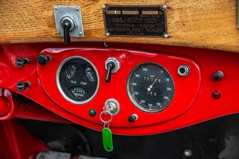The dashboard of a 1940 Volvo truck serving as a vintage fire truck in Ystad, Skåne County, Sweden,