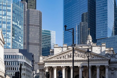 London, UK. February 25th 2026. The Royal Exchange building flanked by Threadneedle Street and Bank