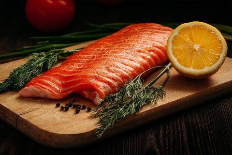Fresh salmon piece on wooden cooking board with vegetables