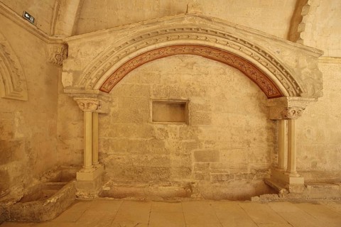 Interior view with archway of the Romanesque monastery church Abbaye de Montmajour, Benedictine