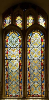 Stained glass window grisaille pattern possibly by Henry Fiske, Middleton church, Suffolk, England,