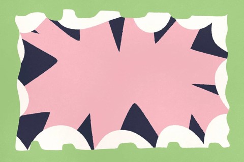 A playful abstract illustration featuring a vibrant pink shape set against a contrasting green
