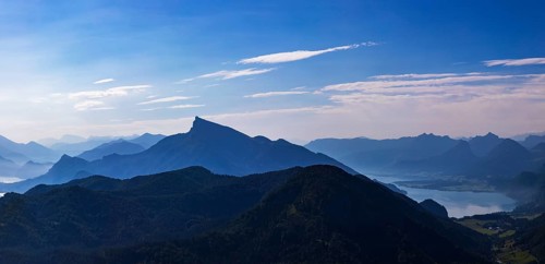 Mountain silhouette, view from Schober to Schafberg and Wolfgangsee, Osterhorn group,