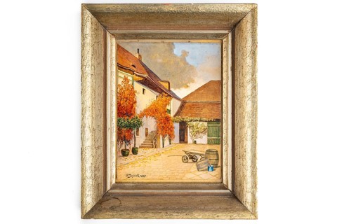 Historical painting of an autumnal courtyard with rural architecture by Carl Wenzel Zajicek