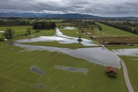 Aerial view of a flooded meadow after a storm, climate change, Benediktbeuern, Alpine foothills,