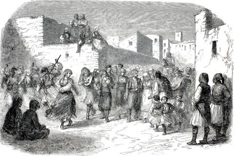 Historical illustration of a wedding reception in Eleusis, Greece, from 1855 depicting people