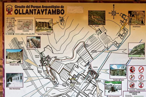 Schematic map of the archaeological site of Ollantaytambo with important sights and information,