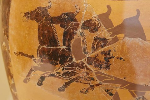 Ceramic vase depicting an ancient horse-drawn vehicle, brownish, Museum of the History of the