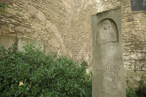Memorial stone to medieval poet and abbess Roswitha of Gandersheim, Hrotsvit, relief, inscription,