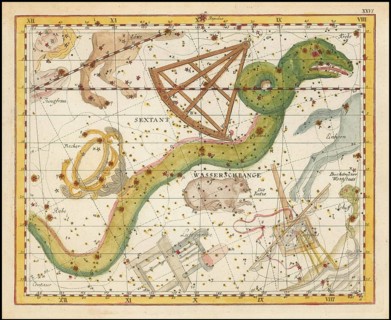 Zodiac sign, sextant, water snake, Hydra continua, Corvus, Centaurus et Lupus, star chart,