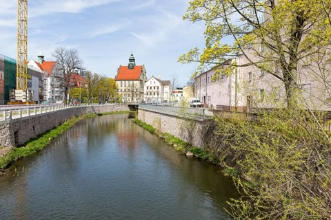 The Chemnitz near the city centre with a view of the commercial school, Chemnitz, Saxony, Germany