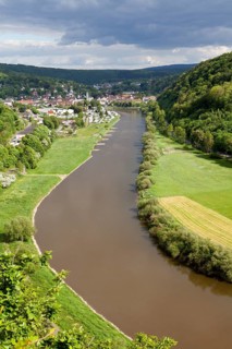 View from the Skywalk on River Weser, Beverungen, Weser Uplands, North Rhine-Westphalia, Germany