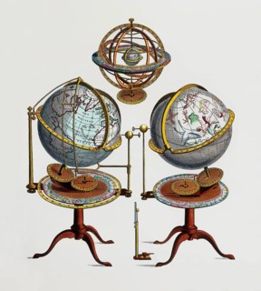 Types of globe: Armillary sphere, terrestial globe, celestrial globe, 19th century
