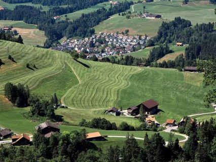 A village nestled between gently rolling hills and well-kept fields, Hüttchopf, Tösstal, Canton of
