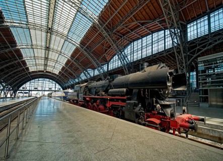 Museum track 24 with historic trains, Leipzig main station, interior view, Leipzig, Saxony, Germany