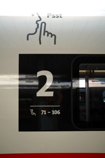 Pictogram, sign, psst, logo for special car with rest area, ICE on the platform, main train