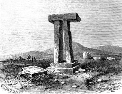 Tumulus or dolmen, called Senám near Tripoli, two right-angled, vertical pillars on steps with