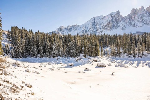 Beautiful landscape of the Mountain silhouettes of the Sexten Dolomites on a sunny winter day,