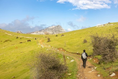 A woman enjoys an autumn hike through the scenic trails of Gorbea Natural Park in the Basque