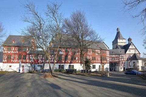 Historic district with Hohenfeld chapel and Obertorturm, half-timbered house, landmark, Bad