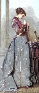 Woman at sewing work, in a long dress after the fashion around 1869 in France, Historic, digitally