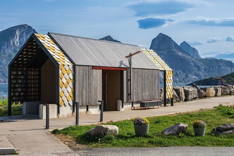 Rest area at fjord Mefjord, Senja island, Norway